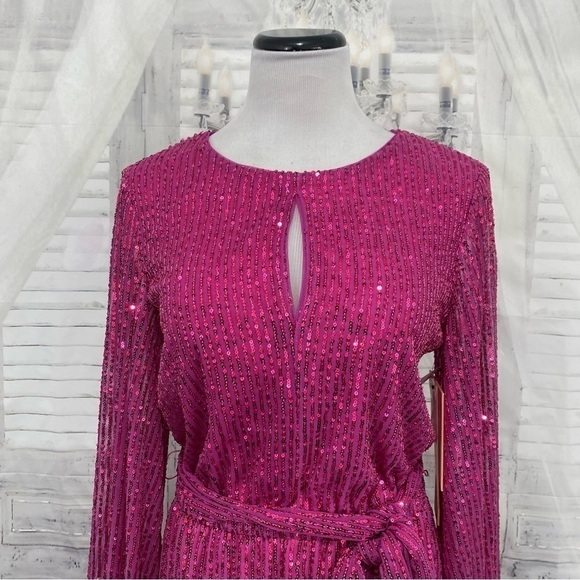 LDT Size 6 Pink Sequined Long Sleeve Short Dress Belted Pockets Cocktail A-Line - Picture 5 of 16
